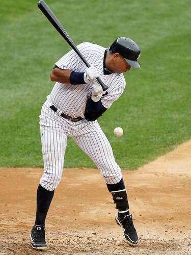 NEW YORK, NY - SEPTEMBER 05:  Alex Rodriguez #13 of the New York Yankees is hit with a second inning pitch against the Baltimore Orioles on September 5, 2011 at Yankee Stadium in the Bronx borough of New York City.  <br /><br /><span class="help">(Photo by Jim McIsaac/Getty Images)</span>
