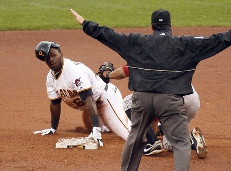 PITTSBURGH, PA - SEPTEMBER 05:  Josh Harrison #62 of the Pittsburgh Pirates slides into second safe against Angel Sanchez #36 of the Houston Astros during the game on September 5, 2011 at PNC Park in Pittsburgh, Pennsylvania.  <br /><br /><span class="help">(Photo by Justin K. Aller/Getty Images)</span>