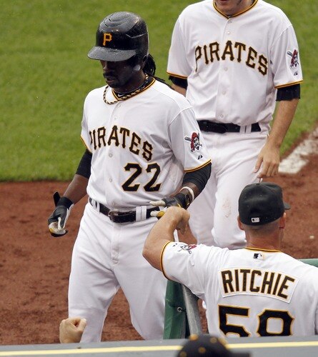 PITTSBURGH, PA - SEPTEMBER 05:  Andrew McCutchen #22 of the Pittsburgh Pirates celebrates scoring on a Ryan Doumit #41 (not pictured) RBI double against the Houston Astros during the game on September 5, 2011 at PNC Park in Pittsburgh, Pennsylvania.  <br /><br /><span class="help">(Photo by Justin K. Aller/Getty Images)</span>