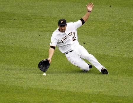 PITTSBURGH, PA - SEPTEMBER 05:  Garrett Jones #46 of the Pittsburgh Pirates attempts to make a catch against the Houston Astros during the game on September 5, 2011 at PNC Park in Pittsburgh, Pennsylvania.  <br /><br /><span class="help">(Photo by Justin K. Aller/Getty Images)</span>