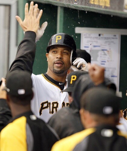 PITTSBURGH, PA - SEPTEMBER 05:  Derrek Lee #25 of the Pittsburgh Pirates celebrates with teammates after hitting a solo home run against the Houston Astros during the game on September 5, 2011 at PNC Park in Pittsburgh, Pennsylvania.  The Pirates defeated the Astros 3-1.  <br /><br /><span class="help">(Photo by Justin K. Aller/Getty Images)</span>