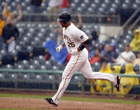 PITTSBURGH, PA - SEPTEMBER 05:  Derrek Lee #25 of the Pittsburgh Pirates rounds first base after hitting a solo home run against the Houston Astros during the game on September 5, 2011 at PNC Park in Pittsburgh, Pennsylvania.  The Pirates defeated the Astros 3-1.  <br /><br /><span class="help">(Photo by Justin K. Aller/Getty Images)</span>