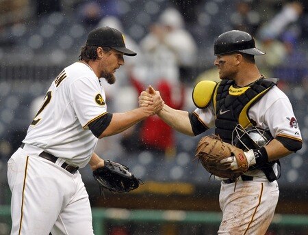PITTSBURGH, PA - SEPTEMBER 05:  Joel Hanrahan #52 of the Pittsburgh Pirates celebrates the win with Ryan Doumit #41 against the Houston Astros during the game on September 5, 2011 at PNC Park in Pittsburgh, Pennsylvania.  The Pirates defeated the Astros 3-1.  <br /><br /><span class="help">(Photo by Justin K. Aller/Getty Images)</span>