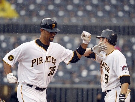 PITTSBURGH, PA - SEPTEMBER 05:  Derrek Lee #25 of the Pittsburgh Pirates celebrates with Neil Walker #18 after hitting a solo home run against the Houston Astros during the game on September 5, 2011 at PNC Park in Pittsburgh, Pennsylvania.  The Pirates defeated the Astros 3-1.  <br /><br /><span class="help">(Photo by Justin K. Aller/Getty Images)</span>