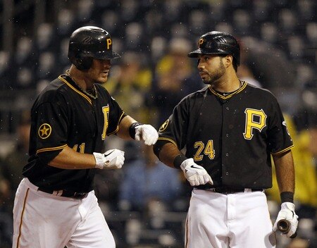 PITTSBURGH, PA - SEPTEMBER 06:  Ryan Doumit #41 of the Pittsburgh Pirates celebrates his solo home run with Pedro Alvarez #24 against the Houston Astros during the game on September 6, 2011 at PNC Park in Pittsburgh, Pennsylvania.  <br /><br /><span class="help">(Photo by Justin K. Aller/Getty Images)</span>