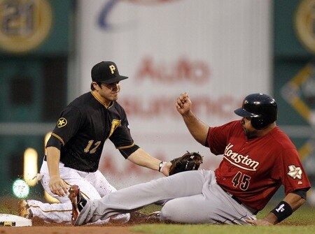 PITTSBURGH, PA - SEPTEMBER 06:  Carlos Lee #45 of the Houston Astros slides in safe as Chase D'Arnaud #12 of the Pittsburgh Pirates is unable to apply the tag during the game on September 6, 2011 at PNC Park in Pittsburgh, Pennsylvania.  <br /><br /><span class="help">(Photo by Justin K. Aller/Getty Images)</span>