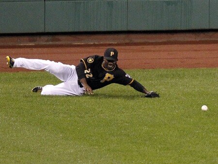 PITTSBURGH, PA - SEPTEMBER 06:  Andrew McCutchen #22 of the Pittsburgh Pirates miss plays a ball in the ninth that allowed two runs to score against the Houston Astros during the game on September 6, 2011 at PNC Park in Pittsburgh, Pennsylvania.  The Astros defeated the Pirates 4-1.  <br /><br /><span class="help">(Photo by Justin K. Aller/Getty Images)</span>