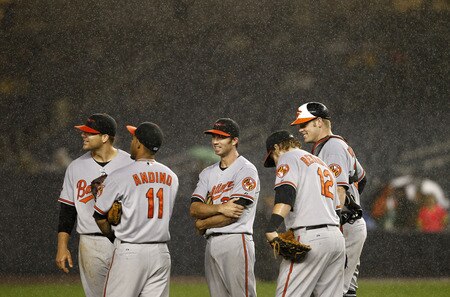 NEW YORK - SEPTEMBER 06:  J.J. Hardy #2 of the Baltimore Orioles is surrounded by teammates as the grounds crew works on the field during a brief rain delay in a game against the New York Yankees at Yankee Stadium on September 6, 2011 in the Bronx Borough of New York City.  <br /><br /><span class="help">(Photo by Jeff Zelevansky/Getty Images)</span>