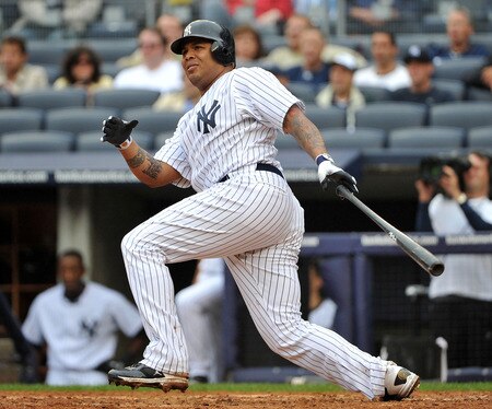 NEW YORK, NY - SEPTEMBER 07: Andruw Jones #18 of the New York Yankees watches his double in the bottom of the fourth inning against the Baltimore Orioles on September 7, 2011 at Yankee Stadium in the Bronx borough of New York City. <br /><br /><span class="help">(Photo by Christopher Pasatieri/Getty Images)</span>