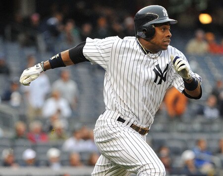 NEW YORK, NY - SEPTEMBER 07: Curtis Granderson #14 of the New York Yankees watches his double in the bottom of the seventh inning against the Baltimore Orioles and New York Yankees on September 7, 2011 at Yankee Stadium in the Bronx borough of New York City. <br /><br /><span class="help">(Photo by Christopher Pasatieri/Getty Images)</span>