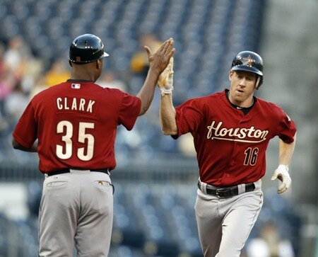 PITTSBURGH, PA - SEPTEMBER 07:  Matt Downs #16 of the Houston Astros celebrates his first inning home run with Dave Clark #35 against the Pittsburgh Pirates during the game on September 7, 2011 at PNC Park in Pittsburgh, Pennsylvania.  <br /><br /><span class="help">(Photo by Justin K. Aller/Getty Images)</span>