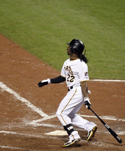 PITTSBURGH, PA - SEPTEMBER 07:  Andrew McCutchen #22 of the Pittsburgh Pirates hits a three-run home run in the fifth inning to tie the game at four against the Houston Astros during the game on September 7, 2011 at PNC Park in Pittsburgh, Pennsylvania.  <br /><br /><span class="help">(Photo by Justin K. Aller/Getty Images)</span>