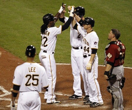 PITTSBURGH, PA - SEPTEMBER 07:  Andrew McCutchen #22 of the Pittsburgh Pirates celebrates his three-run home run with Brandon Wood #2 and Alex Presley #44 against the Houston Astros during the game on September 7, 2011 at PNC Park in Pittsburgh, Pennsylvania.  <br /><br /><span class="help">(Photo by Justin K. Aller/Getty Images)</span>