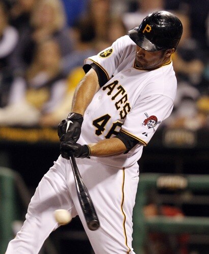 PITTSBURGH, PA - SEPTEMBER 07:  Garrett Jones #46 of the Pittsburgh Pirates gets a hit in the ninth inning against the Houston Astros during the game on September 7, 2011 at PNC Park in Pittsburgh, Pennsylvania.  The Pirates defeated the Astros 5-4.  <br /><br /><span class="help">(Photo by Justin K. Aller/Getty Images)</span>