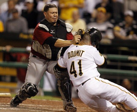 PITTSBURGH, PA - SEPTEMBER 07:  Humberto Quintero #55 of hte Houston Astros tags out Ryan Doumit #41 of the Pittsburgh Pirates in the ninth inning during the game on September 7, 2011 at PNC Park in Pittsburgh, Pennsylvania.  The Pirates defeated the Astros 5-4.  <br /><br /><span class="help">(Photo by Justin K. Aller/Getty Images)</span>