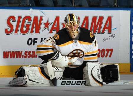 UNIONDALE, NY - SEPTEMBER 12: Michael Hitchinson #70 of the Boston Bruins stretches prior to his game against the New York Islanders during a rookie game exhibition at Nassau Coliseum on September 12, 2011 in Uniondale, New York.  <br /><br /><span class="help">(Photo by Bruce Bennett/Getty Images)</span>