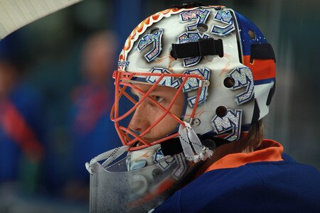 UNIONDALE, NY - SEPTEMBER 12: Anders Nilsson #45 of the New York Islanders takes part in warmups prior to his game against the Boston Bruins at the Nassau Coliseum on September 12, 2011 in Uniondale, New York.  <br /><br /><span class="help">(Photo by Bruce Bennett/Getty Images)</span>