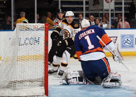 UNIONDALE, NY - SEPTEMBER 12: Ryan Spooner #51 of the Boston Bruins scores at 5:04 of the first period against Mikko Koskinen #1 of the New York Islanders during a rookie game exhibition at Nassau Coliseum on September 12, 2011 in Uniondale, New York.  <br /><br /><span class="help">(Photo by Bruce Bennett/Getty Images)</span>