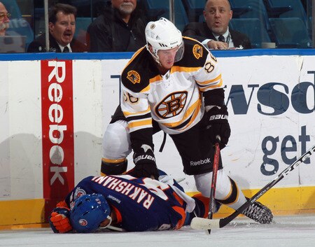 UNIONDALE, NY - SEPTEMBER 12: Kevean Miller #86 of the Boston Bruins hits Rhett Rakhshani #49 of the New York Islanders during a rookie game exhibition at Nassau Coliseum on September 12, 2011 in Uniondale, New York.  <br /><br /><span class="help">(Photo by Bruce Bennett/Getty Images)</span>