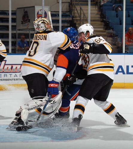 UNIONDALE, NY - SEPTEMBER 12: Goaltender Michael Hitchinson #70 and defenseman Charlie Dodero #85 of the Boston Bruins combine to stop David Ullstrom #41 of the New York Islanders during a rookie game exhibition at Nassau Coliseum on September 12, 2011 in Uniondale, New York.  <br /><br /><span class="help">(Photo by Bruce Bennett/Getty Images)</span>
