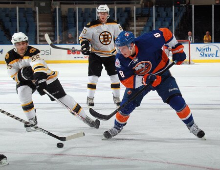 UNIONDALE, NY - SEPTEMBER 12: Ryan Strome #8 of the New York Islanders moves the puck against the Boston Bruins during a rookie game exhibition at Nassau Coliseum on September 12, 2011 in Uniondale, New York.  <br /><br /><span class="help">(Photo by Bruce Bennett/Getty Images)</span>