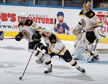 UNIONDALE, NY - SEPTEMBER 12: David Warsofsky #79 of the Boston Bruins skates against the New York Islanders during a rookie game exhibition at Nassau Coliseum on September 12, 2011 in Uniondale, New York. The Bruins defeated the Islanders 8-5. <br /><br /><span class="help">(Photo by Bruce Bennett/Getty Images)</span>