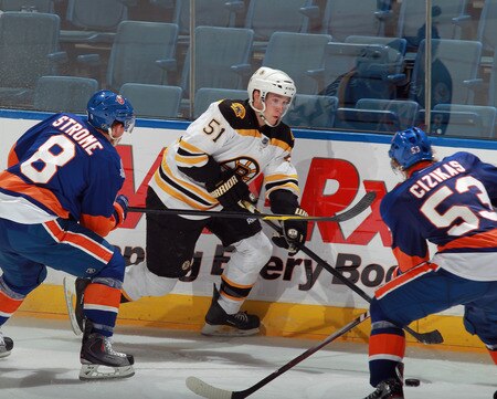 UNIONDALE, NY - SEPTEMBER 12: Ryan Spooner #51 of the Boston Bruins skates against the New York Islanders during a rookie game exhibition at Nassau Coliseum on September 12, 2011 in Uniondale, New York. The Bruins defeated the Islanders 8-5. <br /><br /><span class="help">(Photo by Bruce Bennett/Getty Images)</span>