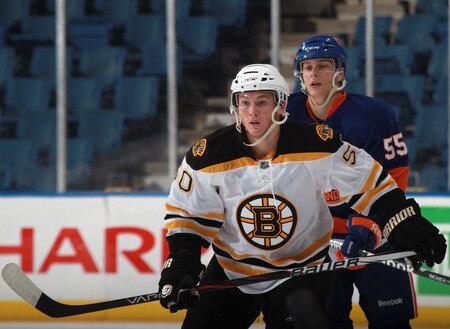 UNIONDALE, NY - SEPTEMBER 12: Jared Knight #50 of the Boston Bruins skates against the New York Islanders during a rookie game exhibition at Nassau Coliseum on September 12, 2011 in Uniondale, New York.  <br /><br /><span class="help">(Photo by Bruce Bennett/Getty Images)</span>