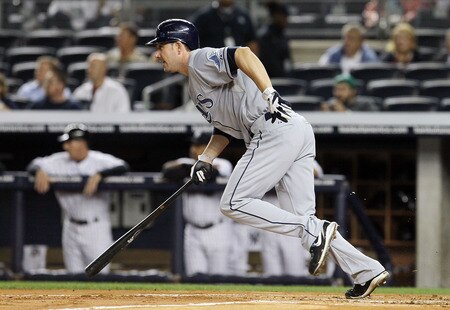 NEW YORK, NY - SEPTEMBER 22:  Matt Joyce #20 of the Tampa Bay Rays htis a first-inning two-run single against the New York Yankees on September 22, 2011 at Yankee Stadium in the Bronx borough of New York City.  <br /><br /><span class="help">(Photo by Jim McIsaac/Getty Images)</span>