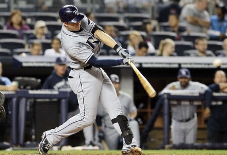 NEW YORK, NY - SEPTEMBER 22:  Evan Longoria #3 of the Tampa Bay Rays connects on a second-inning RBI double against the New York Yankees on September 22, 2011 at Yankee Stadium in the Bronx borough of New York City.  <br /><br /><span class="help">(Photo by Jim McIsaac/Getty Images)</span>