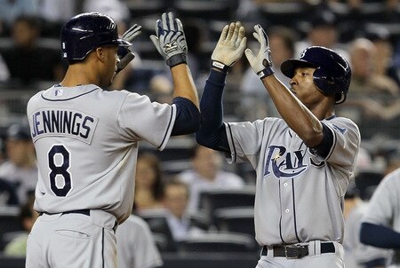 NEW YORK, NY - SEPTEMBER 22:  B.J. Upton #2 of the Tampa Bay Rays celebrates his fourth-inning two-run home run against the New York Yankees with teammate Desmond Jennings #8 on September 22, 2011 at Yankee Stadium in the Bronx borough of New York City.  <br /><br /><span class="help">(Photo by Jim McIsaac/Getty Images)</span>