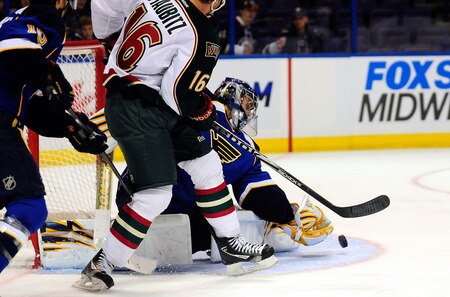 ST. LOUIS, MO - SEPTEMBER 22: Jaroslav Halak #41 of the St. Louis Blues makes a save against Brad Staubitz #16 of the Minnesota Wild at Scottrade Center on September 22, 2011 in St. Louis, Missouri.  <br /><br /><span class="help">(Photo by Jeff Curry/Getty Images)</span>