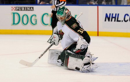 ST. LOUIS, MO - SEPTEMBER 22: Matt Hackett #31 of the Minnesota Wild defends against the St. Louis Blues at Scottrade Center on September 22, 2011 in St. Louis, Missouri.  <br /><br /><span class="help">(Photo by Jeff Curry/Getty Images)</span>