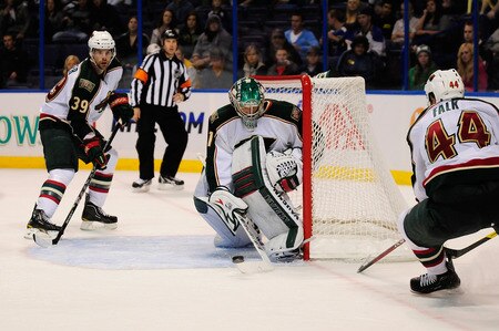ST. LOUIS, MO - SEPTEMBER 22: Matt Hackett #31 of the Minnesota Wild defends against the St. Louis Blues at Scottrade Center on September 22, 2011 in St. Louis, Missouri.  <br /><br /><span class="help">(Photo by Jeff Curry/Getty Images)</span>