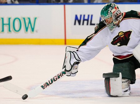 ST. LOUIS, MO - SEPTEMBER 22: Matt Hackett #31 of the Minnesota Wild makes a stick save against the St. Louis Blues at Scottrade Center on September 22, 2011 in St. Louis, Missouri.  <br /><br /><span class="help">(Photo by Jeff Curry/Getty Images)</span>