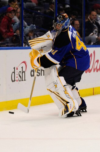 ST. LOUIS, MO - SEPTEMBER 22: Jaroslav Halak #41 of the St. Louis Blues clears the puck against the Minnesota Wild at Scottrade Center on September 22, 2011 in St. Louis, Missouri.  <br /><br /><span class="help">(Photo by Jeff Curry/Getty Images)</span>