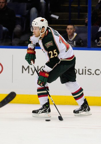 ST. LOUIS, MO - SEPTEMBER 22: Jordan Hendry #25 of the Minnesota Wild handles the puck against the St. Louis Blues at Scottrade Center on September 22, 2011 in St. Louis, Missouri.  <br /><br /><span class="help">(Photo by Jeff Curry/Getty Images)</span>
