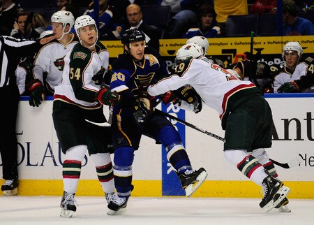 ST. LOUIS, MO - SEPTEMBER 22: Alexander Steen #20 of the St. Louis Blues is defended by Brett Bulmer #54 and Nate Prosser #39 of the Minnesota Wild at Scottrade Center on September 22, 2011 in St. Louis, Missouri.  <br /><br /><span class="help">(Photo by Jeff Curry/Getty Images)</span>