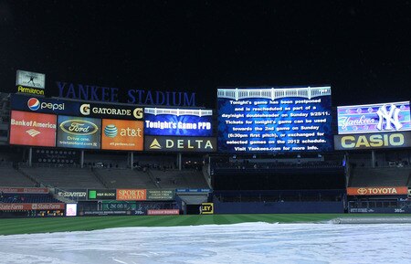 NEW YORK, NY - SEPTEMBER 23:  Rain falls as the game between the New York Yankees and the Boston Red Sox is postponed until Sunday on September 23, 2011 at Yankee Stadium in the Bronx borough of New York City.  <br /><br /><span class="help">(Photo by Nick Laham/Getty Images)</span>