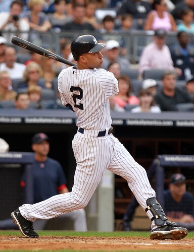 NEW YORK, NY - SEPTEMBER 24:  Derek Jeter #2 of the New York Yankees hits a three RBI home run in the second inning against the Boston Red Sox on September 24, 2011 at Yankee Stadium in the Bronx borough of New York City.  <br /><br /><span class="help">(Photo by Nick Laham/Getty Images)</span>