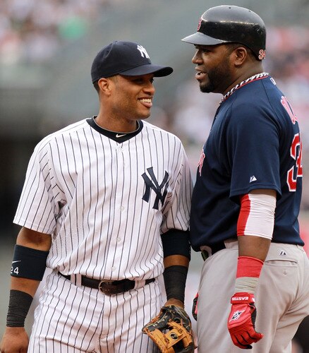 NEW YORK, NY - SEPTEMBER 24: Robinson Cano #24 of the New York Yankees talks with David Ortiz #34 of the Boston Red Sox on September 24, 2011 at Yankee Stadium in the Bronx borough of New York City.  <br /><br /><span class="help">(Photo by Nick Laham/Getty Images)</span>