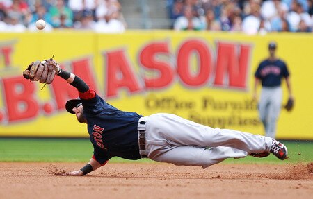 NEW YORK, NY - SEPTEMBER 25:  Dustin Pedroia #15 of the Boston Red Sox fails to catch a throw from the catcher against the New York Yankees on September 25, 2011 at Yankee Stadium in the Bronx borough of New York City.  <br /><br /><span class="help">(Photo by Nick Laham/Getty Images)</span>