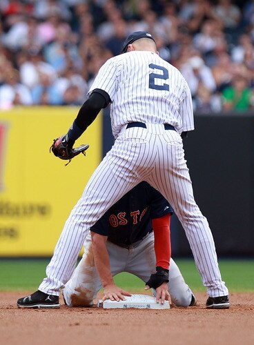 NEW YORK, NY - SEPTEMBER 25: Derek Jeter #2 of the New York Yankees tags out Jacoby Ellsbury #2 of the Boston Red Sox on September 25, 2011 at Yankee Stadium in the Bronx borough of New York City.  <br /><br /><span class="help">(Photo by Nick Laham/Getty Images)</span>