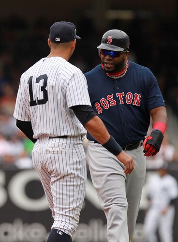 NEW YORK, NY - SEPTEMBER 25:  Alex Rodriguez #13 of the New York Yankees talks to David Ortiz #34 of the Boston Red Sox on September 25, 2011 at Yankee Stadium in the Bronx borough of New York City.  <br /><br /><span class="help">(Photo by Nick Laham/Getty Images)</span>