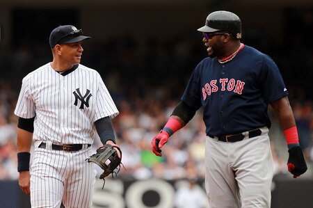 NEW YORK, NY - SEPTEMBER 25:  Alex Rodriguez #13 of the New York Yankees talks to David Ortiz #34 of the Boston Red Sox on September 25, 2011 at Yankee Stadium in the Bronx borough of New York City.  <br /><br /><span class="help">(Photo by Nick Laham/Getty Images)</span>