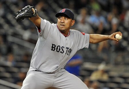 NEW YORK, NY - SEPTEMBER 25: Franklin Morales #46 of the Boston Red Sox throws in the bottom of the 12th inning against the New York Yankees on September 25, 2011 at Yankee Stadium in the Bronx borough of New York City. <br /><br /><span class="help">(Photo by Christopher Pasatieri/Getty Images)</span>