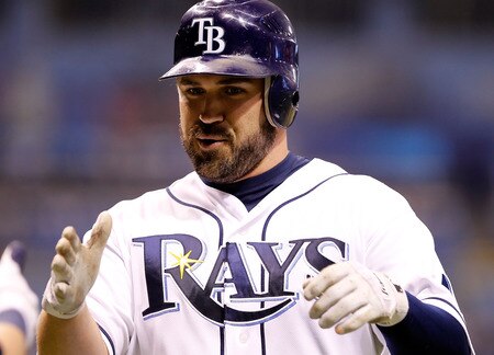 ST. PETERSBURG, FL - SEPTEMBER 26:  Catcher Kelly Shoppach #10 of the Tampa Bay Rays celebrates his home run against the New York Yankees during the game at Tropicana Field on September 26, 2011 in St. Petersburg, Florida.  <br /><br /><span class="help">(Photo by J. Meric/Getty Images)</span>