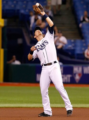 ST. PETERSBURG, FL - SEPTEMBER 26:  Infielder Ben Zobrist #18 of the Tampa Bay Rays catches a fly ball against the New York Yankees during the game at Tropicana Field on September 26, 2011 in St. Petersburg, Florida.  <br /><br /><span class="help">(Photo by J. Meric/Getty Images)</span>