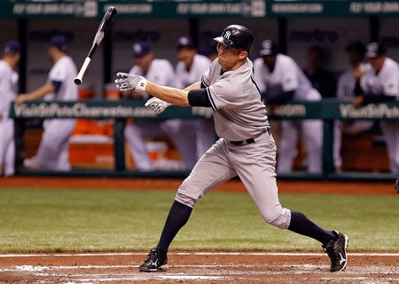 ST. PETERSBURG, FL - SEPTEMBER 26:  Outfielder Brett Gardner #11 of the New York Yankees loses his bat on a swing against the Tampa Bay Rays during the game at Tropicana Field on September 26, 2011 in St. Petersburg, Florida.  <br /><br /><span class="help">(Photo by J. Meric/Getty Images)</span>