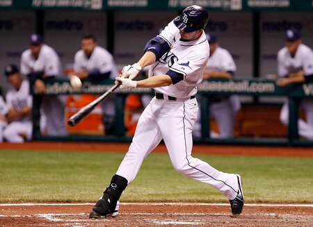 ST. PETERSBURG, FL - SEPTEMBER 27:  Outfielder Matt Joyce #20 of the Tampa Bay Rays fouls off a pitch against the New York Yankees during the game at Tropicana Field on September 27, 2011 in St. Petersburg, Florida.  <br /><br /><span class="help">(Photo by J. Meric/Getty Images)</span>